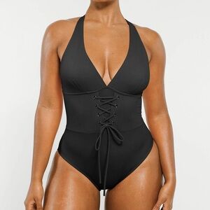 Black Lace-Up Halter One-Piece Swimsuit